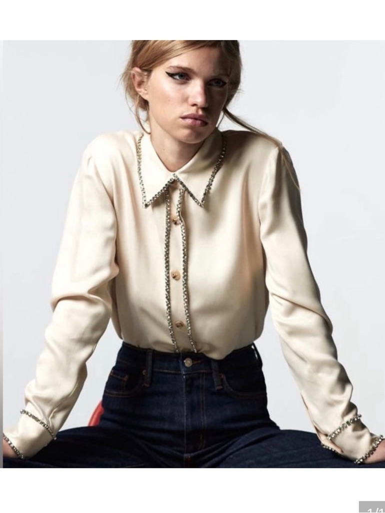Zara Cream Button-Down Blouse With Rhinestone Trim Sz Xs